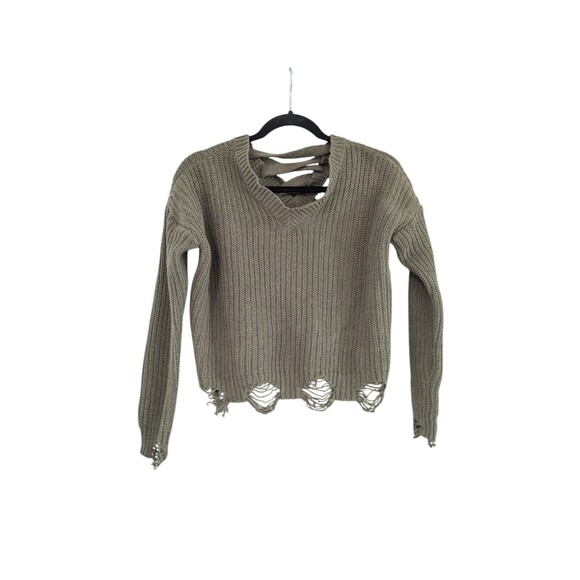 Planet Gold Deconstructed Sweater Olive XSmall Knit Long Sleeve V Neck - Picture 1 of 3